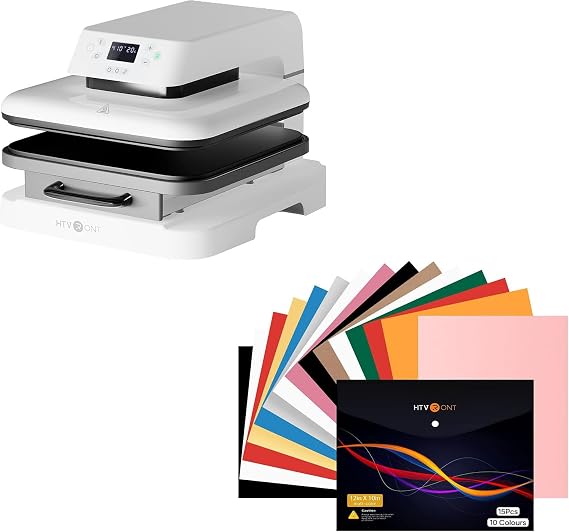 HTVRONT Auto Heat Press Machine 15x15 Inch (38x38CM) White, T Shirt Press with Auto Release for Sublimation & Heat Transfer +HTVRONT Heat Transfer Vinyl 15 Sheets 12"x10", PU HTV Vinyl 10 Assorted