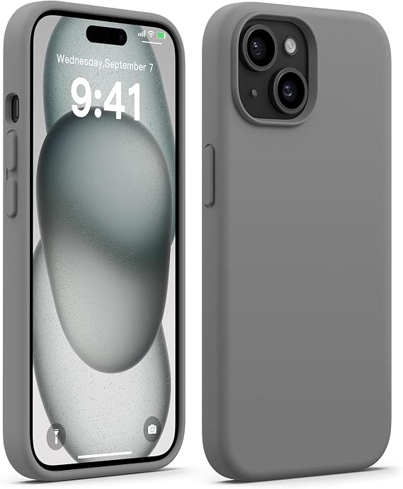 AOTESIER iPhone 15用ケース、フルボディ食品グレードシリコン耐摩耗性、落下防止保護ソフトアンチスクラッチマイクロファイバーライニングフォンケース、iPhone 15用6.1インチ、ダークグレー