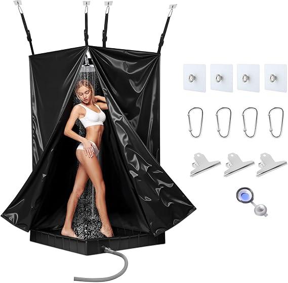 Large Portable Privacy Shower Tent & Foldable Shower Base Set w/Bottom Silicone Drain & Drain Pipe & Windproof Clips, Shower Pan with Privacy Tent for RV, Camping, Boat, Swimming,Changing,Toilet