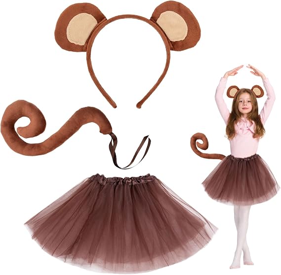 EUPSIIU 3 Pieces Monkey Costume Animals Ears and Tail, Monkey Ears Headband and Monkey Long Tail Princess Tutu, Mouse Bear Animal Costume for Girls Kids Dress Up Halloween Carnival Cosplay