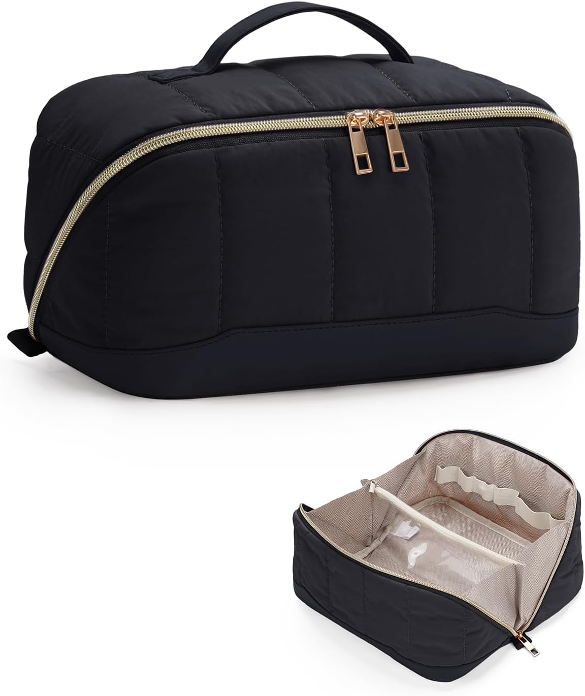 Travel Makeup Bag Large Quilted Cosmetic Organizer with Brush Compartments & Handle, Wide-Open Toiletry Bag for Women, Black (Patent Pending)