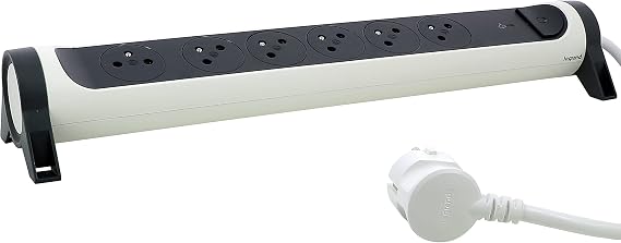 Legrand - Rotating extension strip with 6 Surface power outlets, switch and surge arrester - white and dark grey