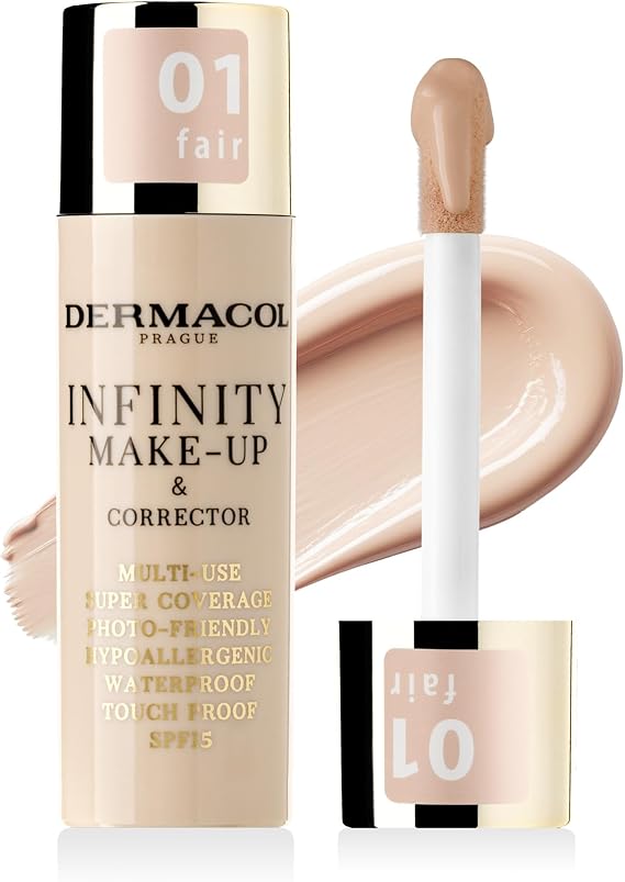 Dermacol Infinity Foundation and Concealer, Multi-Purpose, Super Coverage, Photo-Friendly, Hypoallergenic, Water Resistant, Contact Proof, SPF 15, 01 - FAIR
