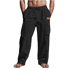 Men's Linen Trousers UK Clearance Cargo Combat Pants Casual Jogger Elastic Waist Drawstring Outdoor Trousers Loose Fit Plain Sweatpants Cotton Linen Pants with Multi Pockets Full Length Bottoms