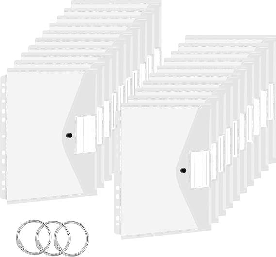 Clear Plastic Wallets A4 Plastic Folders 20 Pack, Punched Pockets A4 Polly Pockets Stationery, Document Files Popper Wallet for Ring Binder Folders, Lever Arch Files