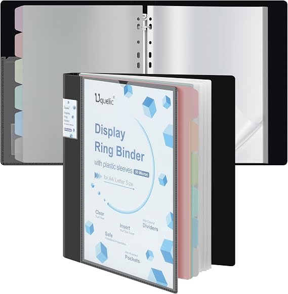 Uquelic Presentation Ring Binder, A4 Display Folder with 50 Punched Pockets and 6 Macaron Colour PP Divider Pages, Folder File Plastic Sleeves for Documents, Certificates, Personalise Cover