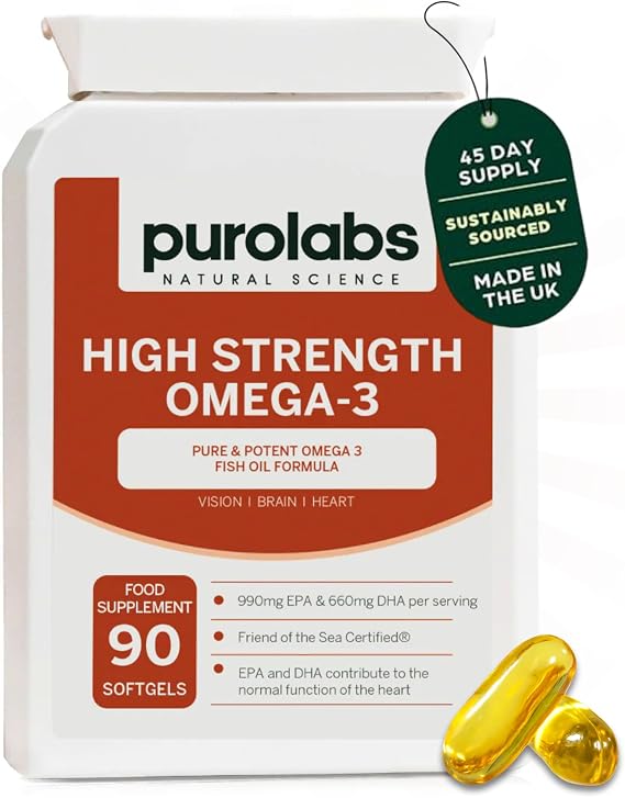 Purolabs Omega 3 Fish Oil Capsules – High Strength Omega 3 with 660mg EPA & 440mg DHA per Serving – Premium Omega 3 Capsules for Heart, Brain & Vision Support – 90 Easy-to-Swallow Softgels