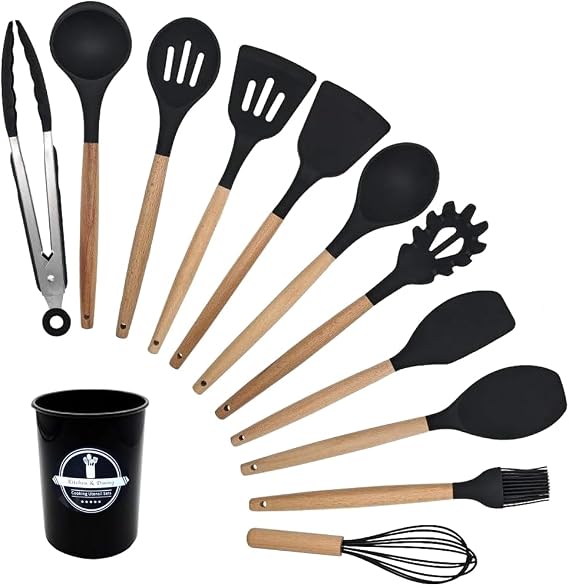 SET12N Kitchen Utensils Set, 12 Pieces, Silicone and Wood (Black)