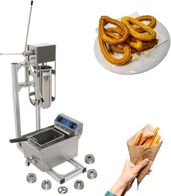 Churro Maker with Deep Fryer, Commercial Manual 7L Spanish Donut Maker with Electric Deep Fryer, Includes 6 Nozzles, Stainless Steel Construction