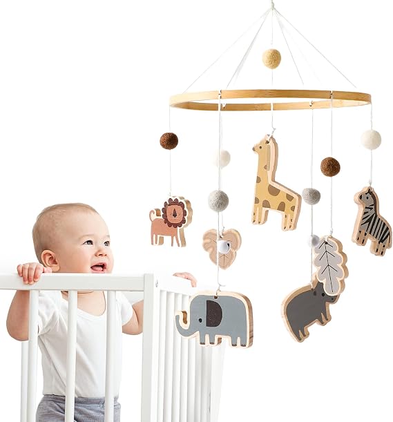 Giraffe, Lion, Elephant, Zebra, Hippo Baby Cot Mobile - Felt Ball Crocheted Wooden Deco Nursery Mobile