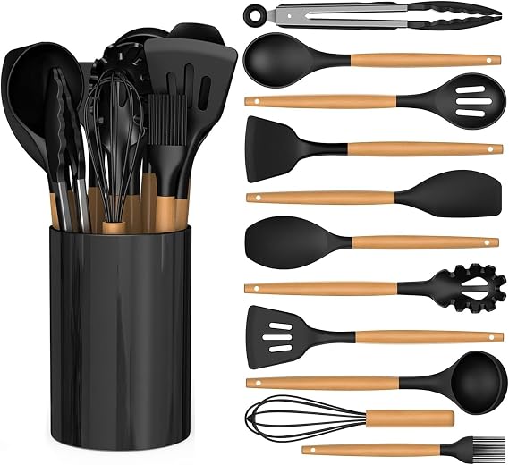 12 PCS Silicone Cooking Utensils Set with Wooden Handle, Kitchen Utensil Set, Heat Resistant, Nonstick Cookware Tongs Spatula Spoon Set, Dishwasher Safe, Best Kitchen Tools with Holder