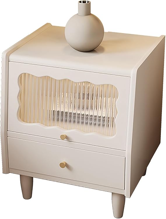 Solid Wood Nightstand with 2 Drawers Ratten and Glass Doors White Finish Ideal for Bedroom Storage