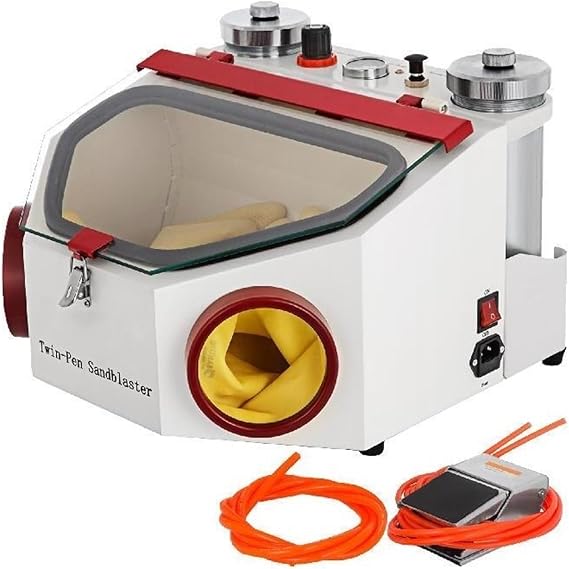 Lab Sandblaster Equipment 2 Pen+2 Tanks with LED Light Large View Window and Foot Pedal Control for Removing Oxides