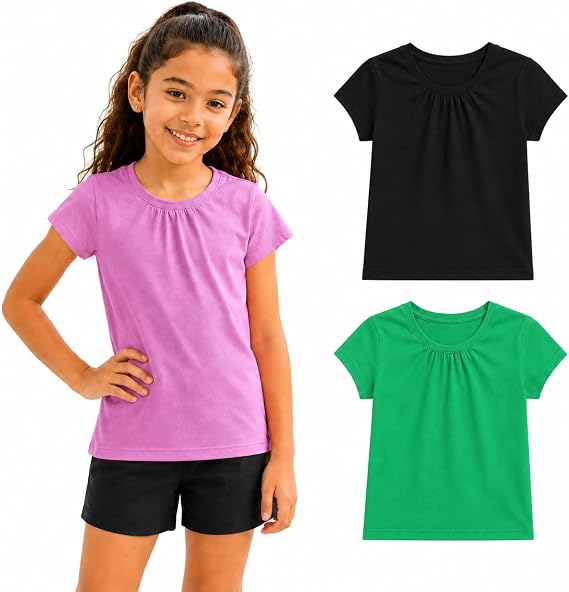 Bienzoe Plain Solid Girls T-Shirts: School Basic Tee 3-Pack