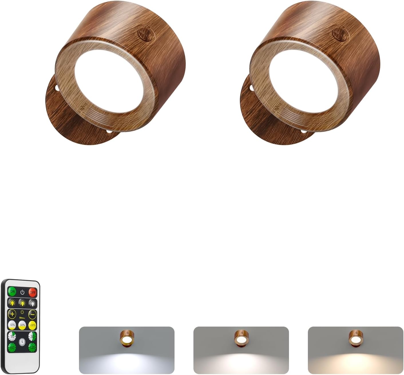 LED Wall Reading Lights with Remote, 2 Pcs Rechargeable Wall Mounted Reading Sconces Lamp 3000mAh, 3 Colors & Dimmable Magnetic 360° Rotation Wall Lighting Spotlights for Bedroom Bedside, Woodgrain [Energy Class G]