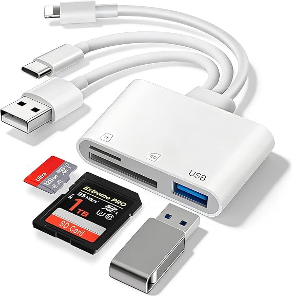 SD Card Reader for iPhone, Lightning USB-C USB-A Memory Card Reader for SD/Micro SD/USB, 3in1 Digital Camera Adapter for iPhone iPad Series, MacBook, Galaxy, etc