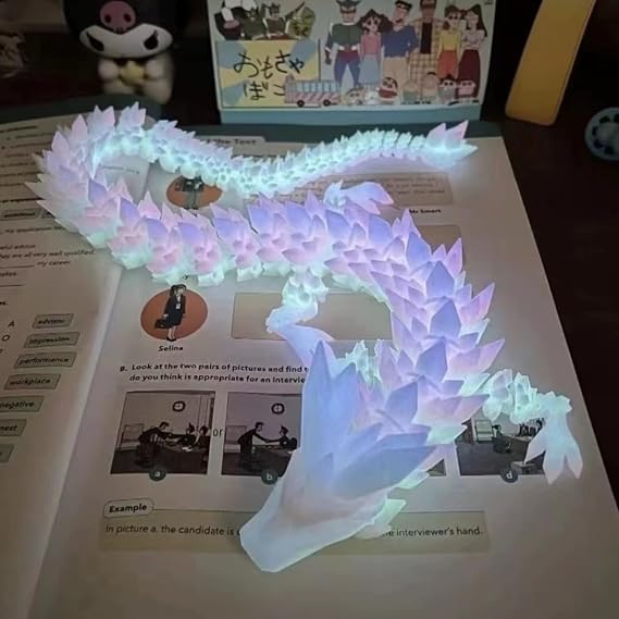 Luminous 3D Printed Dragon, 30cm Crystal Dragon-Figure Luminous Rainbow Full Articulated Flexible Joints Home Decor Executive Desk Office Decor Gift (Glow in Dark)
