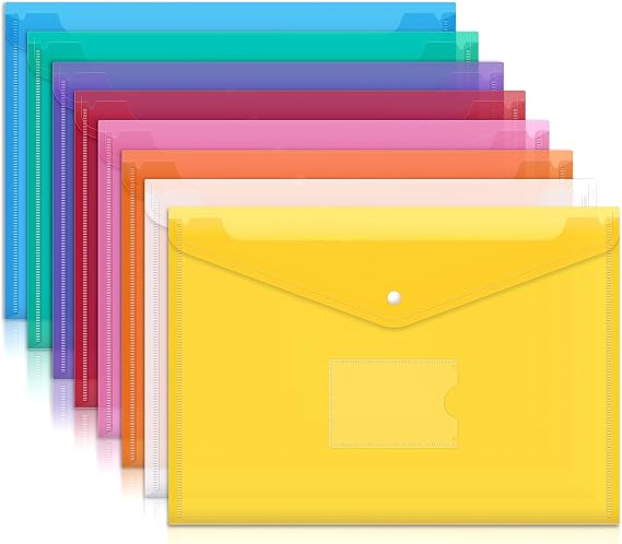 A4 Plastic Wallets – 8 Pack Document Folders, 8 Bright Colors, Waterproof File Sleeves for Paperwork, School, Office, Home & Travel Organization