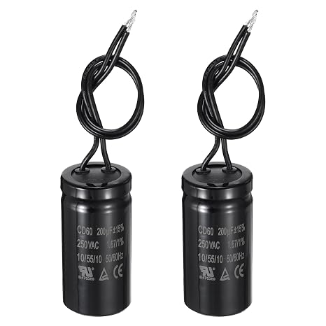 sourcing map 2 Pcs CD60 Run Capacitor, 200uF 250VAC 50/60Hz 2 Black Wires CD60 Motor Starting Capacitor for Washing Machine, Air Compressor, Refrigerator, Black