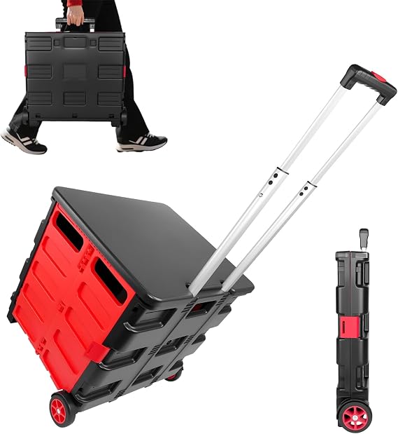 Extra Large Folding Boot Cart Trolley, 35L 35KG Capacity Collapsible Storage Crate with 2 Wheels & Adjustable Telescopic Handle, Heavy Duty Utility Cart for Shopping, Picnic, Laundry