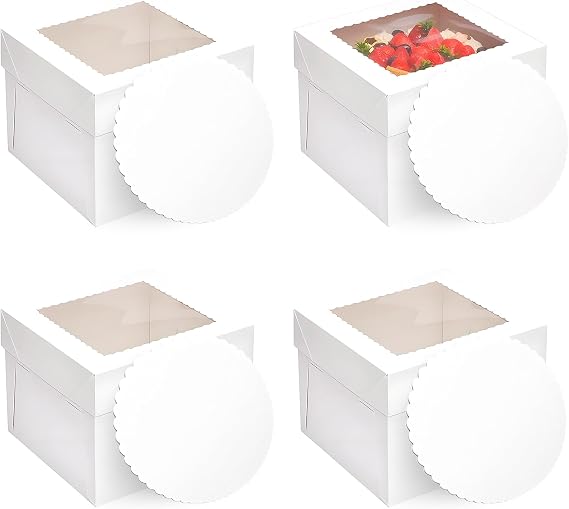 4 Pcs White Cake Boxes with Window and Cake Boards, 8 Inch Cakes Box, Cakes Containers with Removable Lids, Cardboard Square Baking Boxes, for Bakery, Cookies, Dessert, Wedding, Birthday Party