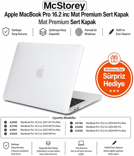 McStorey MacBook Pro 16.2 İnç Kılıf A2485 A2780 A2991 A3403 A3186 A3428 A3429 Uyumlu Mat TPU Şeffaf Kılıf Parmak İzi Bırakmayan İnce Hafif Koruyucu Kapak Şeffaf