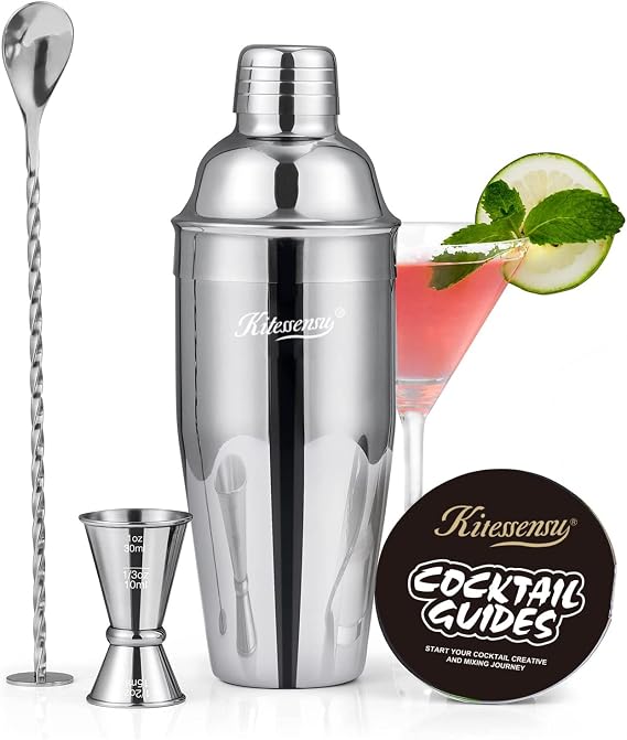 Cocktail Shaker, KITESSENSU 25oz/750ml Cocktail Making Kit with Bartender Strainer, Measuring Jigger, Bar Mixing Spoon, Cocktail Recipe Guide, Professional Drink Mixer Set for Beginners, Silver