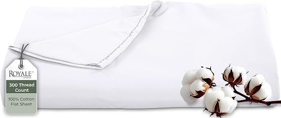 ROYALE LINENS 300 Thread Count 100% Long Staple Combed Cotton Flat Sheet - Ultra Soft - Top Sheet - Twin Flat Sheet Sold Separately - Breathable, Cool & Crisp Percale Flat Sheet Only (Twin, White)
