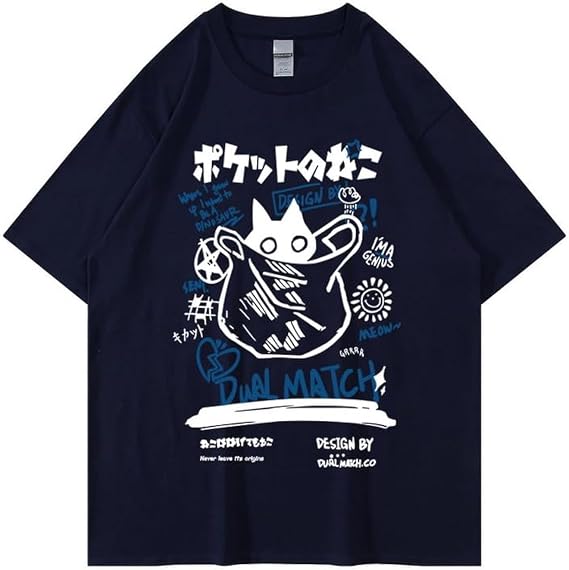 ユニセックス カートゥーン Tシャツ 原宿 カワイイ 猫 文字 プリント 半袖 Tシャツ カップル ゆったり 服 Y2k トップス