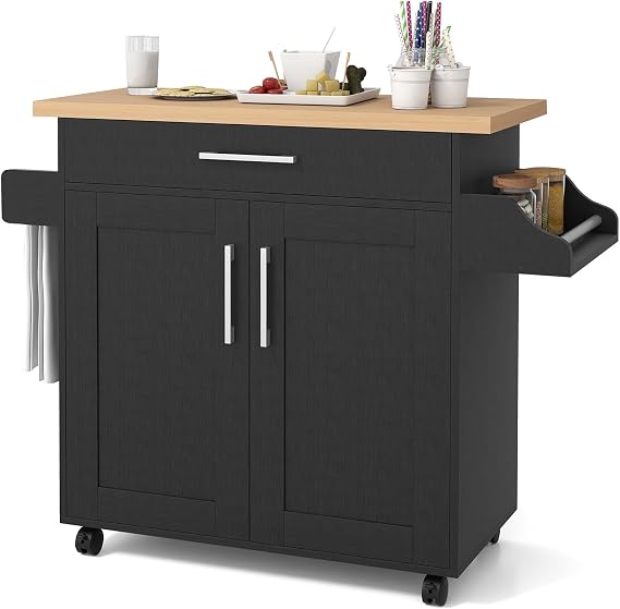 COSTWAY Kitchen Storage Trolley, Rolling Kitchen Island with Adjustable Shelf and Large Drawer, Home Restaurant Dining Room Organiser Sideboard Cupboard Cabinet Cart (Black, 111 x 40 x 90cm)