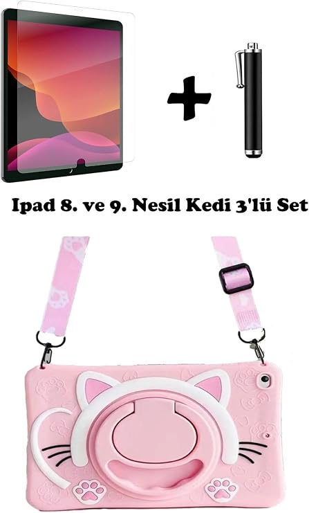 Apple Ipad 8. Ve 9. Nesil 10.2 İnç Ile Uyumlu Kedi Kılıf, Standlı Askılı, Pembe, 3'lü Set