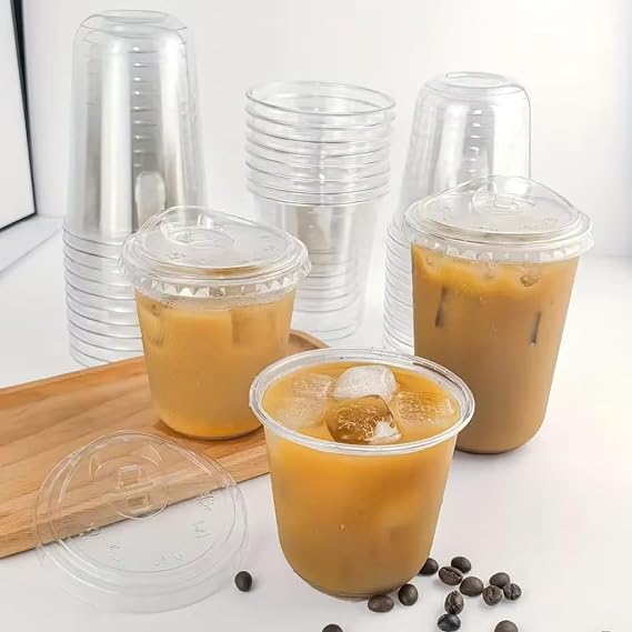 Plastic Plastic Cups with Lids, 17oz Set of 50, Strong Takeaway Cups with Strawless Sip Lids for Iced Coffee Milkshakes, Smoothies, Slusly and Bubble Tea
