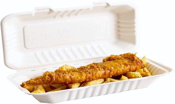 25 Pack - XTRA LARGE Super Rigid Bagasse Clamshell Lunch Boxes for Fish and Chips - 12.5 x 6 Inch | Eco-Friendly Takeout Containers Biodegradable To-Go Meal Box