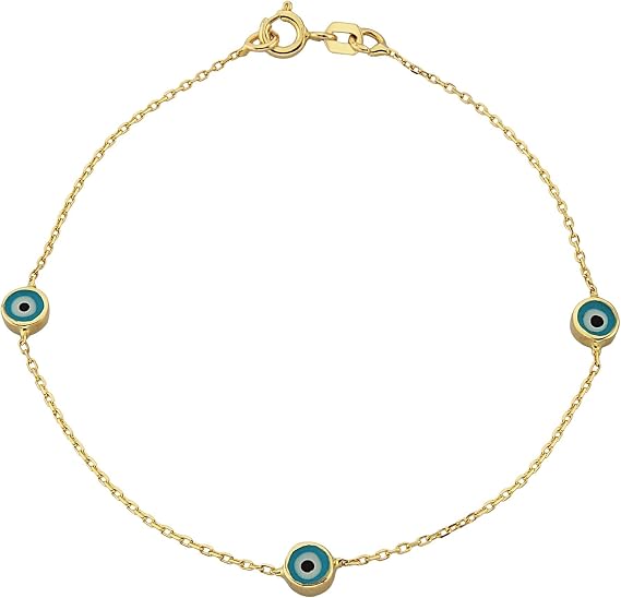 14K Real Solid Gold Turkish Evil Eye Bracelet For Women | Trio Dainty Beaded Evil Eye Bracelets with Navy Blue or Turquoise Options