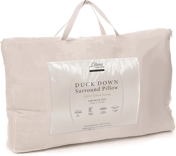 Littens Ultimate Emperor Size Duck Down Surround Side Sleeper Support Pillow, Cotton, 50cm x 100cm (20" x 40")