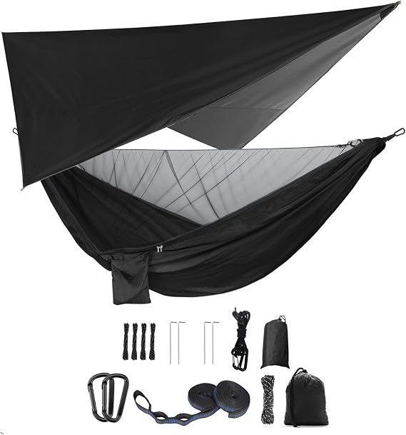 Camping Hammock Set, Single Double Hammock, Mosquito Net, Insect Net, Rainfly, High Strength Parachute Cloth Hammock. Suitable for outdoor, hiking, camping, travel