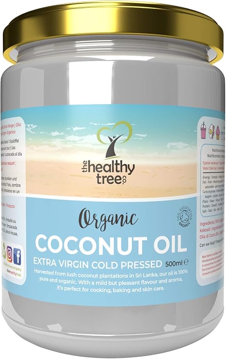 TheHealthyTree Company Organic Extra Virgin Coconut Oil for Cooking, Baking, Hair and Skin - Cold-Pressed Raw Organic Coconut Oil (500ml Glass Jar)