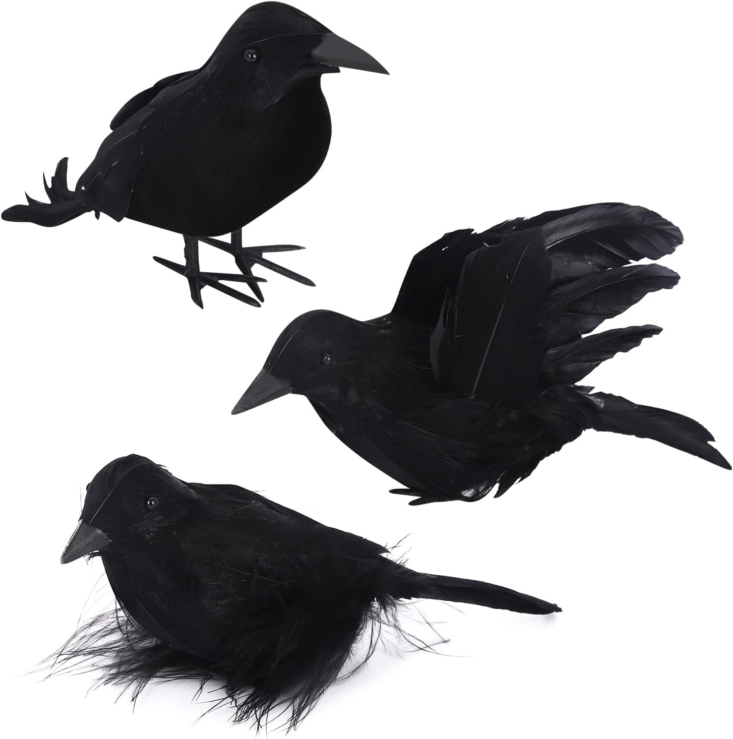 3 Pack Halloween Crows Artificial Feathered Crows Realistic Raven Birds Decorations Animal Ornament Spooky Black Feather Crow Bird for Halloween Party Prop Indoor Outdoor Home Garden Decoration Model