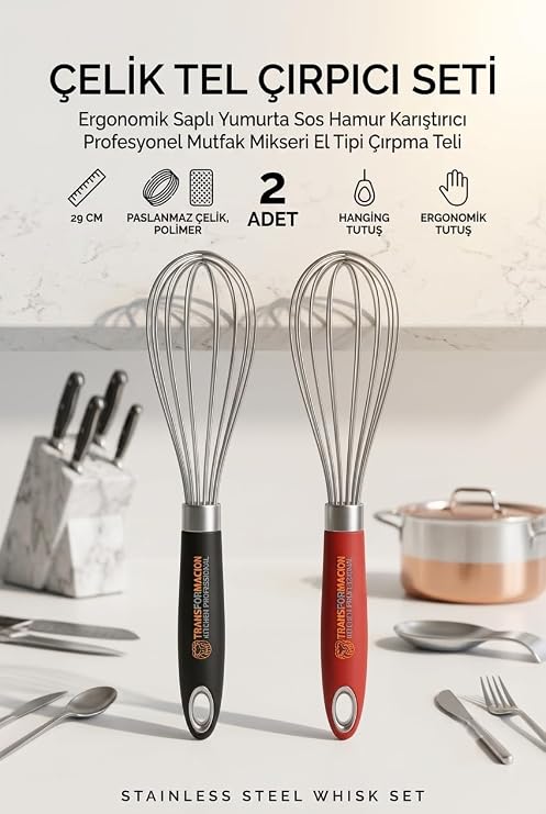 Transformacion 2 Adet Çelik Tel Çırpıcı Seti 29 cm Ergonomik Saplı Yumurta Sos Hamur Karıştırıcı Profesyonel Mutfak Mikseri El Tipi Çırpma Tel 720203