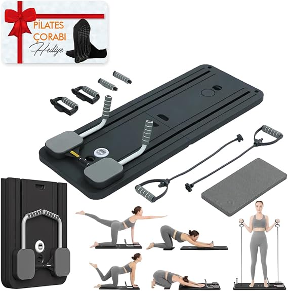 Çok Fonksiyonlu Egzersiz Aleti, Pilates Reformer, Direnç Bantlı, Ev Tipi Istasyon Tahtası, Zamanlayıcılı, Çorap Hediyeli (Siyah)