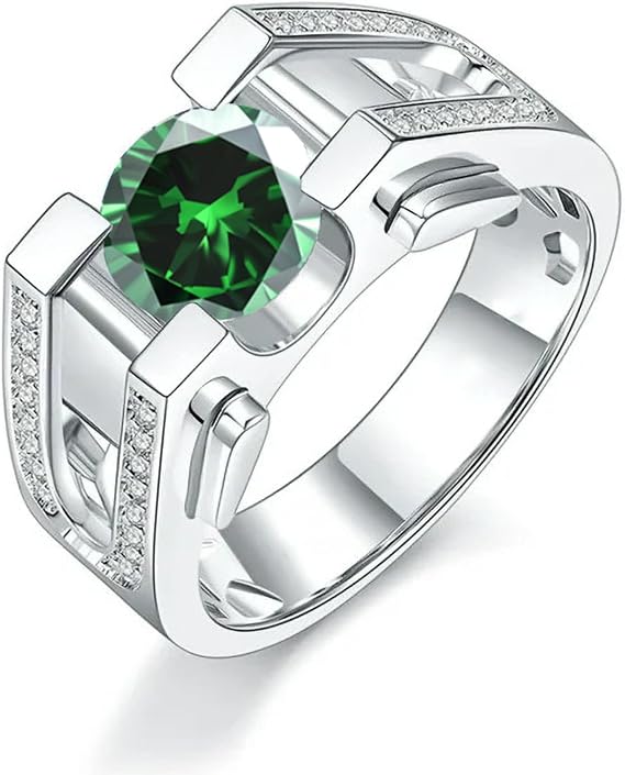 SISGEM 2ct Round Emerald Ring for Men, 925 Sterling Silver Mens Wedding Band with Moissanite Accents, Jewelry for Men Boy Father Birthday Anniversary Size UK I-Z+6