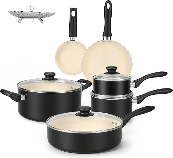 Amazon Basics Ceramic Non-Stick Pots and Pans, 11-Piece Cookware Set, and -Free, Black/Cream