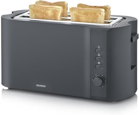 Severin Long Slot Toaster, 4 Slices with Integrated Muffin Attachment, 2 Long Toasting Slots, Adjustable Heating Levels, 1,400W, Matte Black, AT 2591
