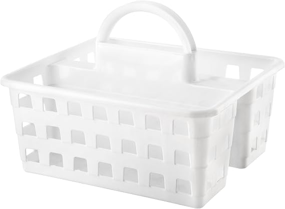 HOMESHOPA Utility Plastic Shower White Caddy Basket Organiser with 3 Compartment & Handle, Portable Kitchen Cleaning Supply Handy Storage Tidy Tote Tray Carry Bucket for Bathroom, Kitchen, Dorm Room