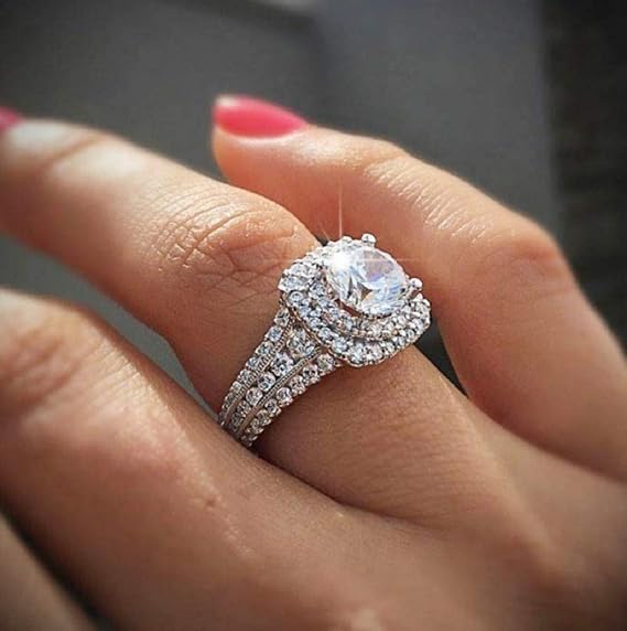 Maihao プリンセススクエアシミュレーションダイヤモンドリング 2層 スーパーフラッシュ ジルコンリング 925スターリングシルバー キュービックジルコニア プロミス ヘイロー 婚約 結婚指輪 リングサイズ6-10 サイズ7