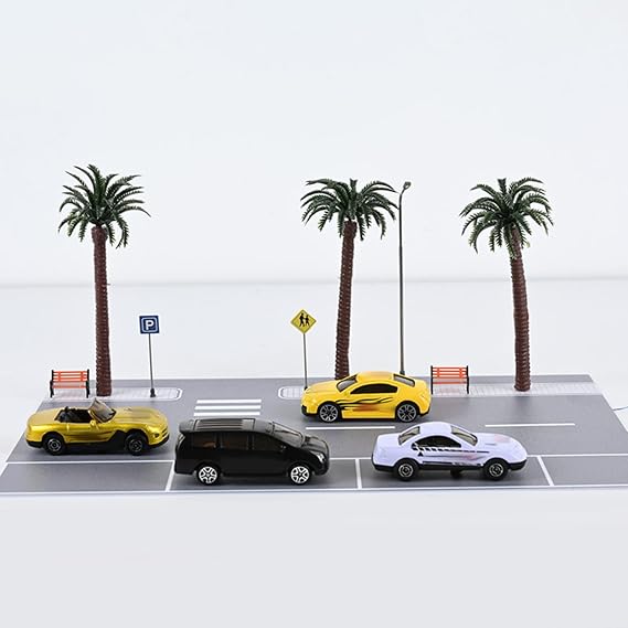 1:64 Scale Street Set and Landscape Accessories - City Street Scene with Coconut Tree, LED Lighting Support, Urban Diorama for Model Enthusiasts