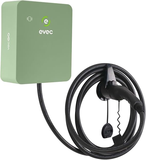 evec vecGO 2.0 EV Charger, Type 2, 7.4kW Tethered Single Phase Wall Mounted Home Car Charger, Sage Green - VEC03-N