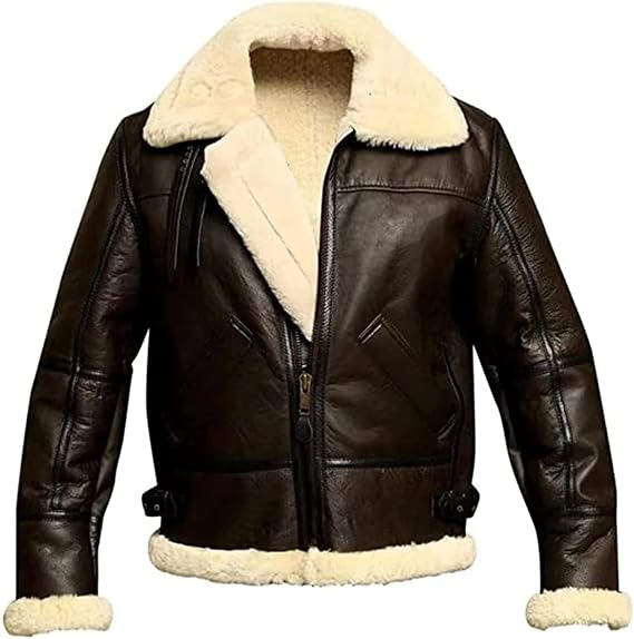 NLAVW Men's Flying Winter Jacket, Shearling Leather Jacket, Bomber, Warm Filling Biker Motorcycle Fur Coat Jacket
