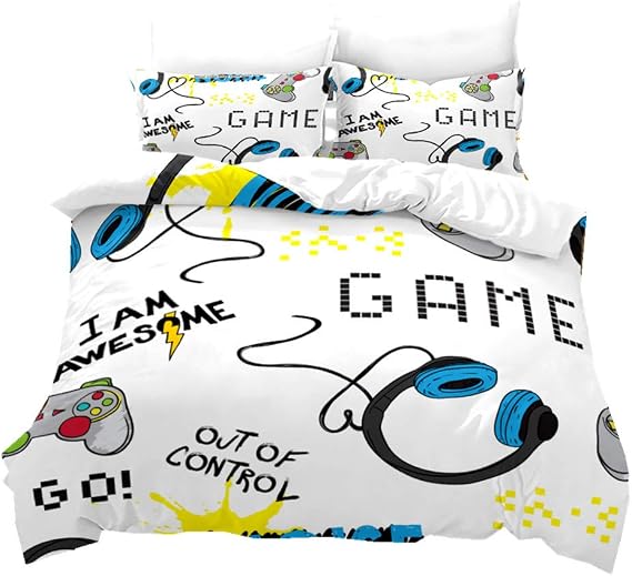 Creative Gamer Printing Bedding Set Pillowcase Duvet Cover 3D Gamepad Electronic Game Controller Duvet for Children Boy Teenager (White, 180 x 210 cm Bed 90 cm)