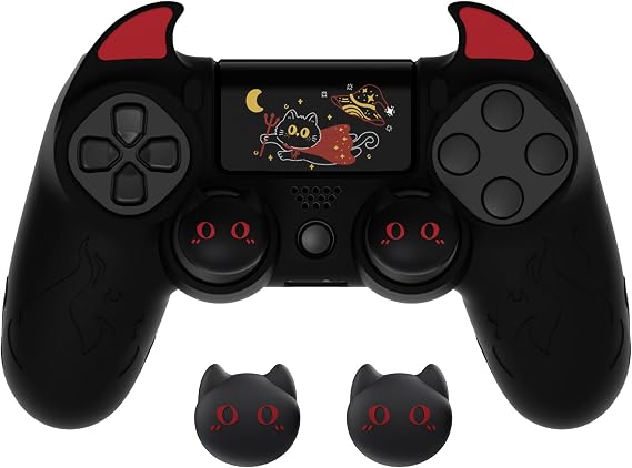 PlayVital Cute Demon Controller Skin for PS4 with Thumb Grips & Stickers, Kawaii Anti-Slip Silicone Controller Cover Grip Protector for PS4 Slim/Pro - Black